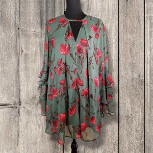 Umgee Dark Green with Floral Print Boho Bell Sleeve Hi-Low Hem Dress/Tunic